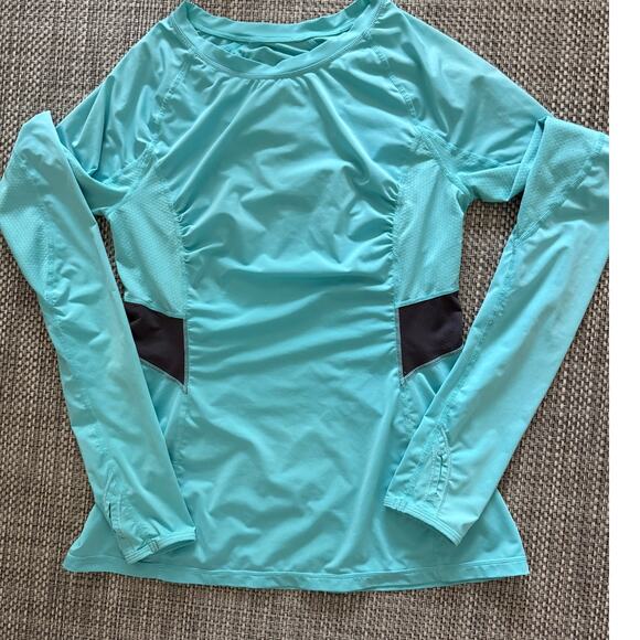 Lululemon Tops - LULULEMON Run Sun Blocker Ruched Pullover Long Sleeve Top Tee Turquoise Navy 8